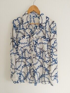 Express The Portofino Shirt XL Blue Nautical Chain Link Print Button Down Blouse